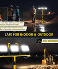 Ultra Bright 32000 Lumen LED Work Light On Tripod For Jobsite And Workshop with 3x100W floodlights shown in use at night