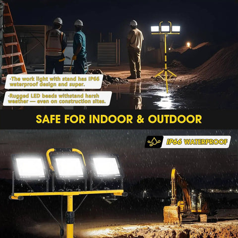 Ultra Bright 32000 Lumen LED Work Light On Tripod For Jobsite And Workshop with 3x100W floodlights shown in use at night