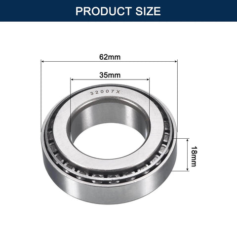 32007 Tapered Roller Bearing Cone and Cup Set, 35mm Bore 62mm OD 18mm Cup Width, Chrome Steel Taper Bearings Set, ABEC-3, shown with dimensions