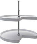 32 Inch Kidney Shaped Dual Tier Lazy Susan Organizer For Corner Base Kitchen Cabinets In White Polymer With Telescoping Shaft
