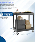 32 Inch Tub Storage Cart With Two Shelves Black Built For Maximum Capacity Ergonomic Top Handle And Super Handy Maneuver Four Swivel Casters With Two Locking Brakes Molded Plastic Shelves And Legs Won't Stain Scratch Dent Or Rust