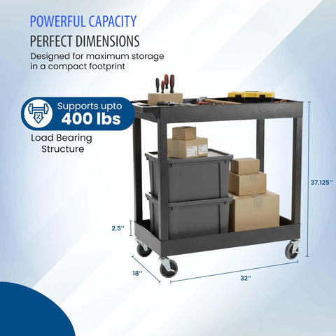 32 Inch Tub Storage Cart With Two Shelves Black Built For Maximum Capacity Ergonomic Top Handle And Super Handy Maneuver Four Swivel Casters With Two Locking Brakes Molded Plastic Shelves And Legs Won't Stain Scratch Dent Or Rust