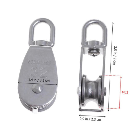 32mm Stainless Steel Single-Sheaved Pulley Roller Swivel Function Heavy Duty Wire Rope Pulley for Lifting Systems front and side view