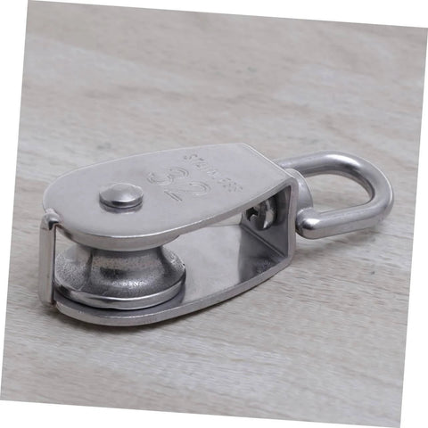 Close-up of a 32mm Stainless Steel Swivel Single Sheave Pulley Roller for Rope Wire and Cable Lifting Heavy Duty Design for Rigging.