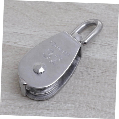 Front view of 32mm Stainless Steel Swivel Single Sheave Pulley Roller for Rope Wire and Cable Lifting Heavy Duty Design for Rigging and Transportation.