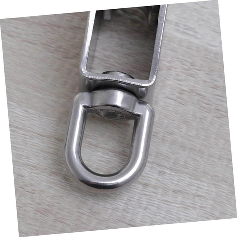 Close-up of 32mm Stainless Steel Swivel Single Sheave Pulley Roller for Rope Wire and Cable Lifting Heavy Duty Design.