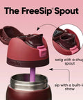Close-up of a bottle with a locking lid and built-in FreeSip straw, designed to keep drinks cold or hot all day with double wall insulation.