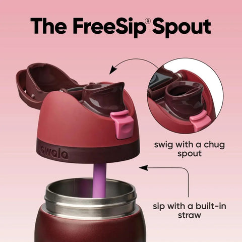 Close-up of a bottle with a locking lid and built-in FreeSip straw, designed to keep drinks cold or hot all day with double wall insulation.