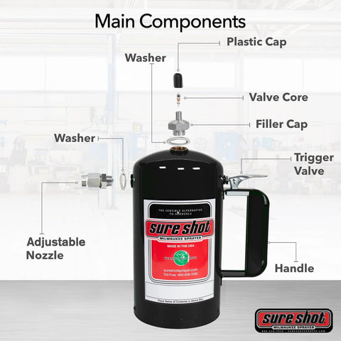 Diagram of heavy duty refillable oil sprayer components including valve core and adjustable nozzle.
