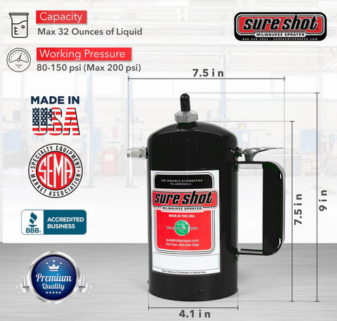 Heavy duty refillable oil sprayer with steel canister, made in USA, 32oz capacity, adjustable spray, up to 200 PSI, garage use.
