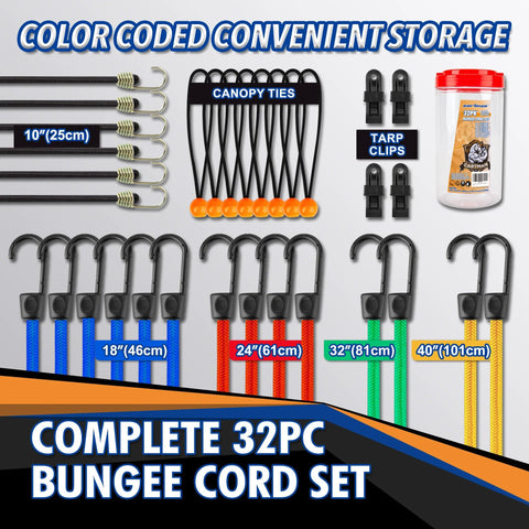 32 Piece Bungee Cords And Tarp Clips Assortment Kit With Hooks Including 10 18 24 32 40 Inch Cords And 8 Inch Canopy Tarp Ball Ties.