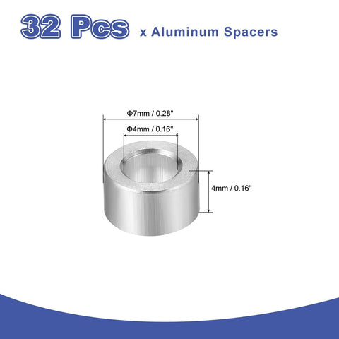 32-piece aluminum spacer set with 4mm ID, 7mm OD, 4mm length, unthreaded standoffs for M4 screws, made from 6061 aluminum.