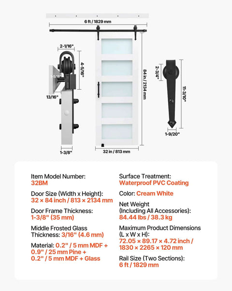 32 By 84 Inch Sliding Barn Door With Header Board And 6 Ft Hardware Track Kit And Handle, Waterproof PVC Surface, Pre Drilled Holes For Easy Assembly, MDF Construction, Smooth And Quiet Sliding.