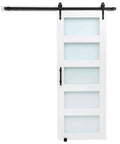 32 By 84 Inch Sliding Barn Door With Header Board And 6 Ft Hardware Track Kit And Handle, Waterproof PVC Surface, Pre Drilled Holes For Easy Assembly, MDF Construction, Smooth And Quiet Sliding, front view.