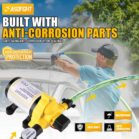 Man using 33-Series Professional Grade Water Pump - 12V DC Diaphragm Pump, 4.0GPM, 50PSI, for RV, Marine, Garden Irrigation