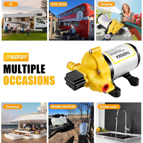 33-Series Professional Grade Water Pump - 12V DC Diaphragm Pump, 4.0GPM, 50PSI, Self-Priming, shown for multiple uses