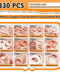 330 Piece Copper Crush Washers Set in 12 Sizes M5 to M20 for Automotive Plumbing displayed in clear storage box