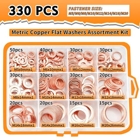 330 Piece Copper Crush Washers Set in 12 Sizes M5 to M20 for Automotive Plumbing displayed in clear storage box