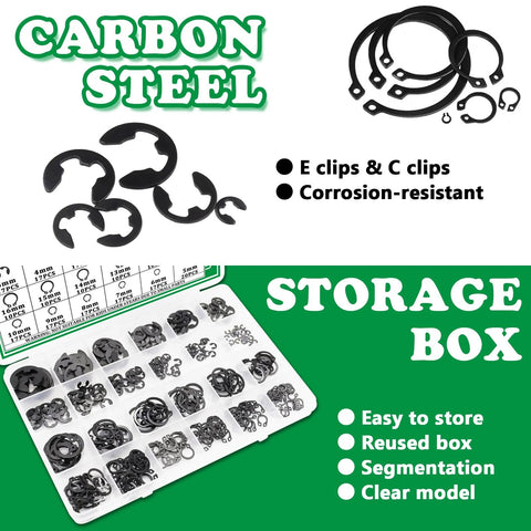 Mega Handy 330 Piece Snap Ring Set With E Clips And C Clips for mechanical projects, carbon steel retaining rings in storage box
