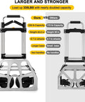 Comparison of 330 LB Capacity Folding Hand Truck Dolly Cart with rubber wheels against lesser capacity model, showing size difference.