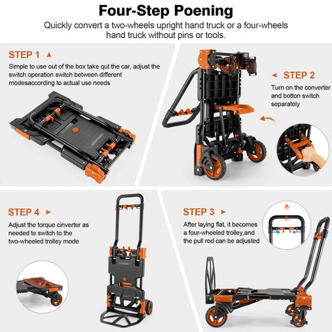 Four-step process for converting ✝️ 330LB Folding Hand Truck Heavy Duty Carrying, Combination of Four Wheels and Two Wheels Convertible Dolly.
