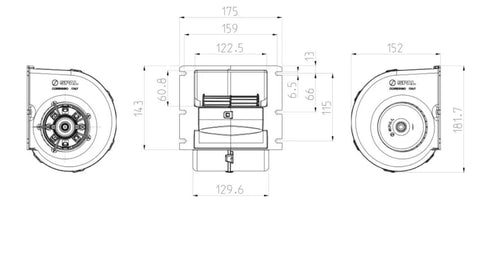 Technical drawing of High Performance 335 CFM Single Wheel Centrifugal Blower For 12 Volt HVAC And Rear Air Circulation In Vans And RVs With Beast Power By SPAL 30003542 023 A70 74D, front and side views.