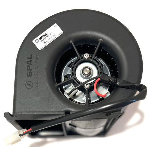 High Performance 335 CFM Single Wheel Centrifugal Blower For 12 Volt HVAC And Rear Air Circulation In Vans And RVs With Beast Power By SPAL 30003542 023 A70 74D, showing front view of the product with SPAL branding and wiring connections visible.
