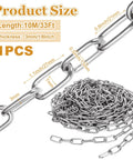 33Ft x 1/8'' Chain for Hanging, Galvanized Steel Decorative Chain Links with product size and dimensions displayed