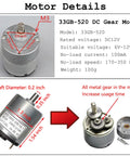 Dimensions and specifications of 33GB-520 DC gear motor for Large Metal 4WD Shock Absorption Robot Tank Chassis Kit.