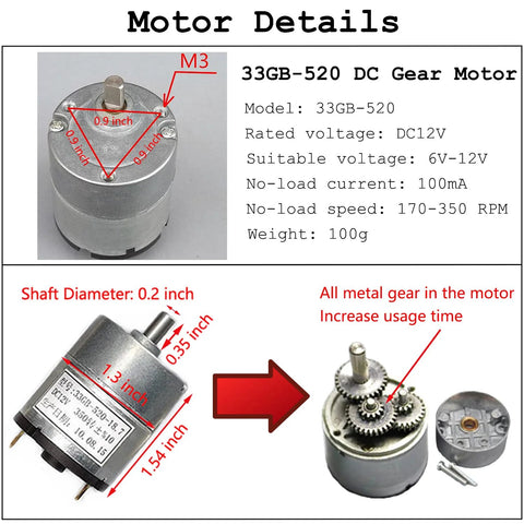 Dimensions and specifications of 33GB-520 DC gear motor for Large Metal 4WD Shock Absorption Robot Tank Chassis Kit.