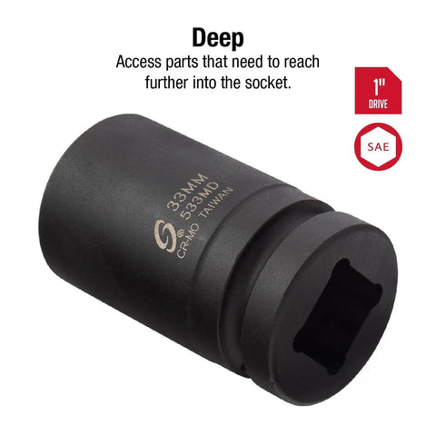 Deep Reach 1 Inch Drive 33mm Impact Socket With Cr-Mo Steel Radius Corner Design Chamfered Opening And Dual Size Markings For High Torque Jobs Sunex Tools showing front view on white background.