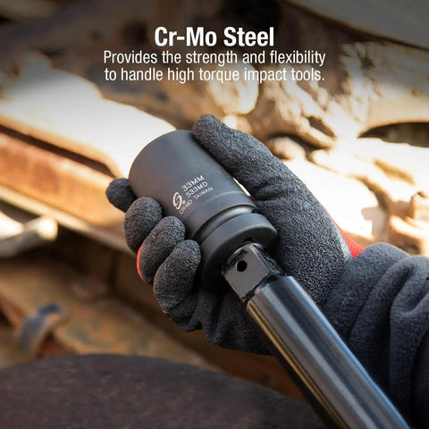 Hand holding Deep Reach 1 Inch Drive 33mm Impact Socket With Cr-Mo Steel Radius Corner Design Chamfered Opening And Dual Size Markings