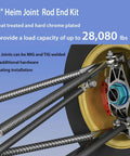 3/4 inch Heim Joint Rod End Kit, right and left hand thread chromoly joints, includes tube adapters, installed on wheel hub