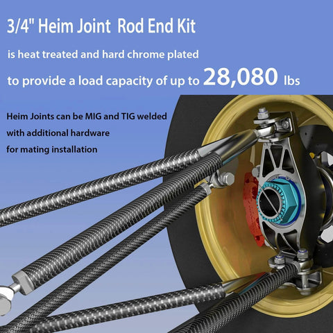 3/4 inch Heim Joint Rod End Kit, right and left hand thread chromoly joints, includes tube adapters, installed on wheel hub