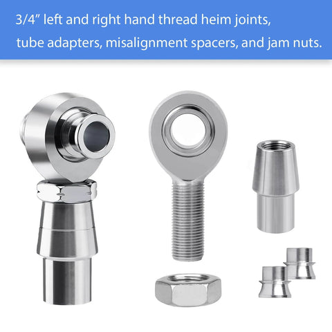 3/4 inch Heim Joint Rod End Kit, right and left hand thread chromoly joints with tube adapters, misalignment spacers, and jam nuts