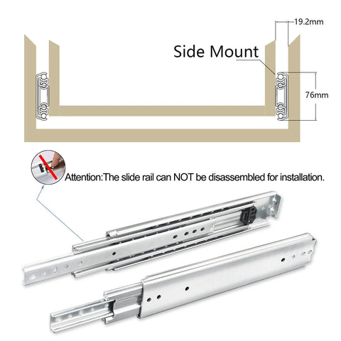 Diagram of 34 Inch Heavy Duty Drawer Slides 500 lb capacity side mount full extension with screws, triple fold ball bearing rails.