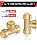 3/4 Inch Tee Push-Fit Fitting For Pex, Copper, And CPVC Pipes With Disconnect Clip Lead-Free DZR Brass Easy Installation No Tools Needed Pack Of 2