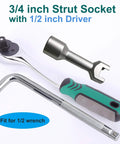 Three Quarter Inch Strut Socket With One Half Inch Drive For One And Five Eighths Inch Wide Strut Channels Forged Heat Treated Alloy Steel Suspension Socket Tool Silvery with tools
