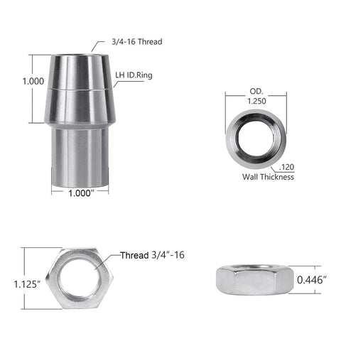 Diagram showing dimensions of 3/4 inch threaded bushing kit for 4 link suspension, featuring adjustable chromoly bushings with nuts.