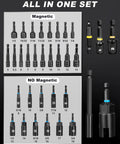 34-Piece Magnetic Impact Nut Driver Set With SAE and Metric Sizes displayed in grid with key adapters and extensions, black oxide finish.