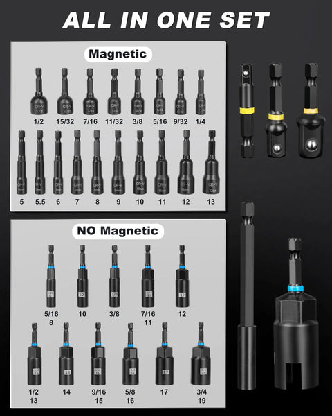34-Piece Magnetic Impact Nut Driver Set With SAE and Metric Sizes displayed in grid with key adapters and extensions, black oxide finish.