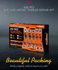 Box of All In One 348 Piece Thread Repair Kit with Metric and SAE helicoil set visible on a dark background