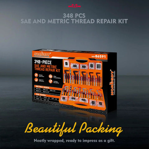 Box of All In One 348 Piece Thread Repair Kit with Metric and SAE helicoil set visible on a dark background