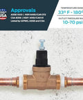Pressure Regulating Valve For Water Systems Three Quarter Inch NPT Threaded With Poly Top 60 PSI Adjustable Direct Pressure Regulation For Home And Pro Setups Cash Acme PVA16P DTH 60 EB45 installed on copper pipes.