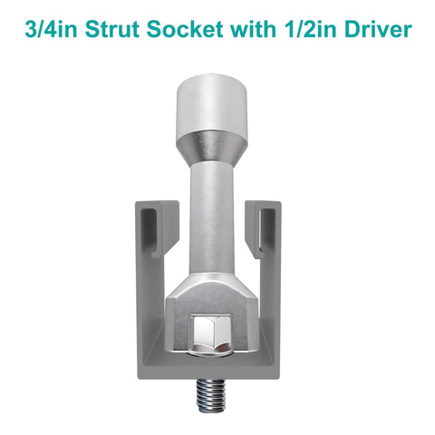 Three Quarter Inch Strut Socket With One Half Inch Drive For One And Five Eighths Inch Wide Strut Channels Forged Heat Treated Alloy Steel Suspension Socket Tool Silvery, shown in front view with silvery finish in a U-shaped channel.