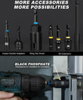 34-Piece Magnetic Impact Nut Driver Set With SAE and Metric Sizes showing impact socket adapters, wing nut driver, and bit extension in use