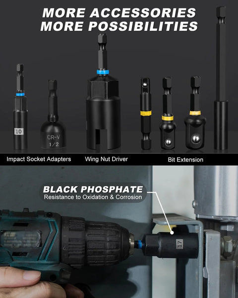 34-Piece Magnetic Impact Nut Driver Set With SAE and Metric Sizes showing impact socket adapters, wing nut driver, and bit extension in use