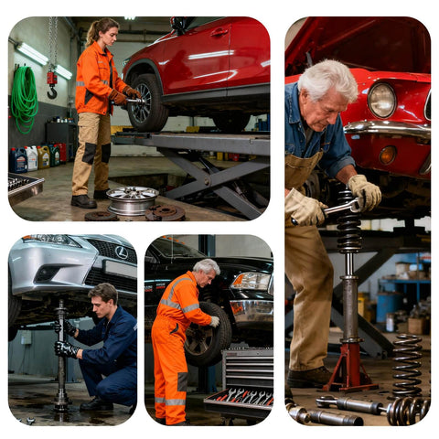 Mechanics working on car suspension and wheel alignment in an auto repair shop