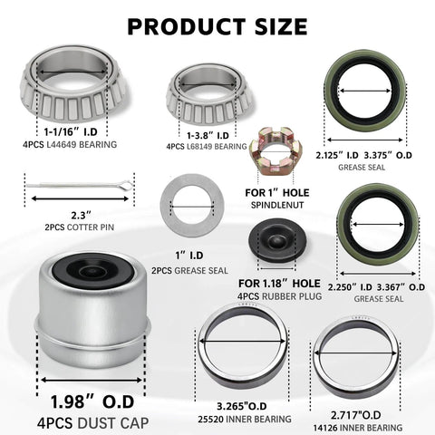 Product size chart for Two Pack 3500lb Trailer Wheel Bearing Kit For One And Three Eighths To One And One Sixteenth Inch Tapered Axles EZ Lube Spindle 84