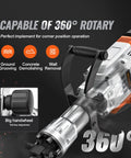 Powerful 3500W demolition jack hammer delivers fast concrete breaking for professional demolition, trenching, and hole making; includes 360-degree swiveling handle for steady, comfortable operation.